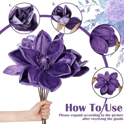 Thiccywoov 8 Pack Large 16'' Christmas Velvet Magnolia Flowers, Purple