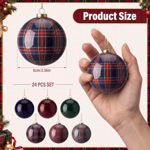 24 Pcs Plaid Christmas Ball Ornaments 2.36 Inch Green Blue Burgundy Balls