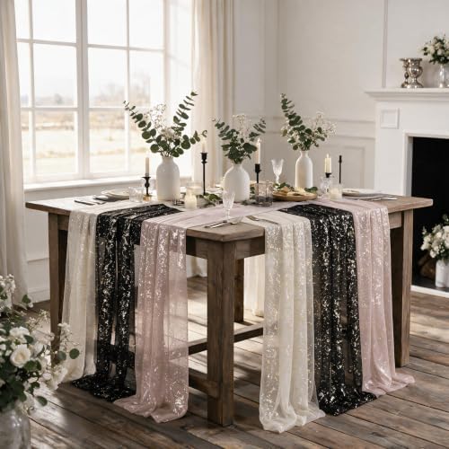 Artoid Mode 6PC Beige Black Pink Gauze Table Runner 120 Inch 10FT, Glitter Metallic Foil Sheer for Wedding Anniversary Holiday Birthday Home Party Decor