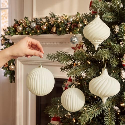 Civaner 4 Pcs Large Velvet Christmas Ball,6 Inch,Cream White