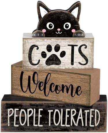 Lineshading 4 Pcs Cat Wooden Sign Set, Farmhouse Tiered Tray Decor