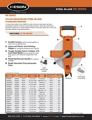 Keson NR10200H Nylon Coated Steel Blade Measuring Tape with Zero Point at Tape End and Hook End (Graduations: 1/10, 1/100), 200-Foot