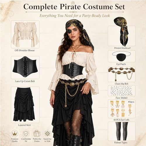 9 PCS Pirate Costume Women Set, Skirt Renaissance Halloween Outfit