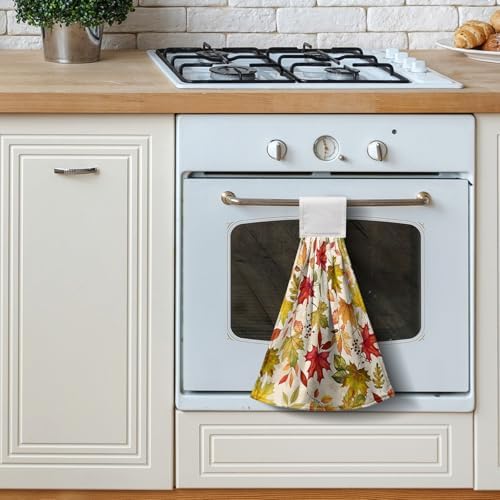 2 Pcs Fall Maple Leaves Hanging Kitchen Towels with Loop Autumn Thanksgiving Hand Tie Towels Fast Drying Dish Washcloths Soft Absorbent Fingertip Bath Towel for Bathroom Farmhouse Decor