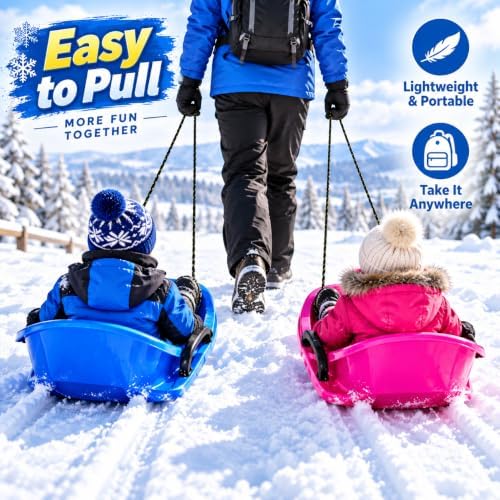 2 Pack Snow Sleds 89 x 45 x 26 cm, Plastic Toboggan Sleds with Brake Handles, Pull Ropes and Seat Cushions, High Back Snow Sled for Winter Outdoor Sliding, Blue Pink Red Green