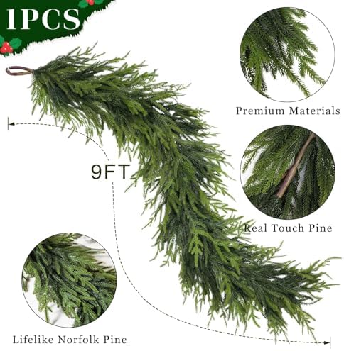 Artificial Christmas Norfolk Pine Garland for Mantle Decor (9 FT,1 PCS)