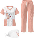 Gomyblomy Women's Scrubs Suit 3-Piece Set | Teeth Print V-Neck Top & Pants & Cap, Breathable and Stretch Fabric, S-5XL