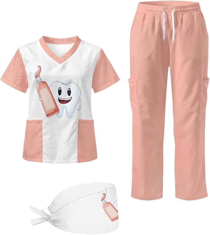 Gomyblomy Women's Scrubs Suit 3-Piece Set | Teeth Print V-Neck Top & Pants & Cap, Breathable and Stretch Fabric, S-5XL