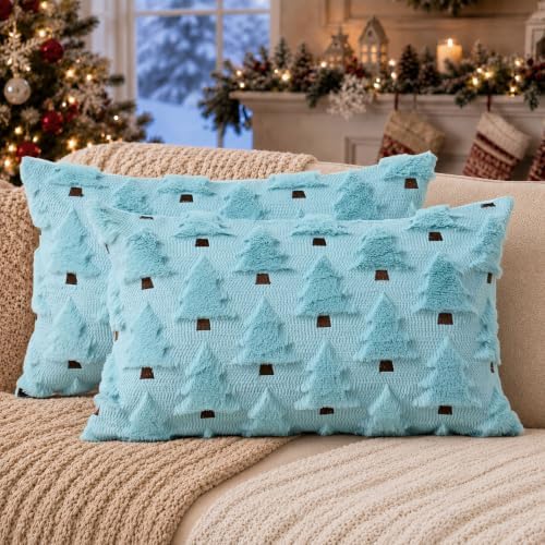 Allorry Christmas Pillow Covers 12x20 inch Set of 2 Blue Christmas Decorations Soft Plush Faux Fur Wool Christmas Tree Throw Pillow Cases Winter Holiday Decor for Sofa Living Room PT002F12