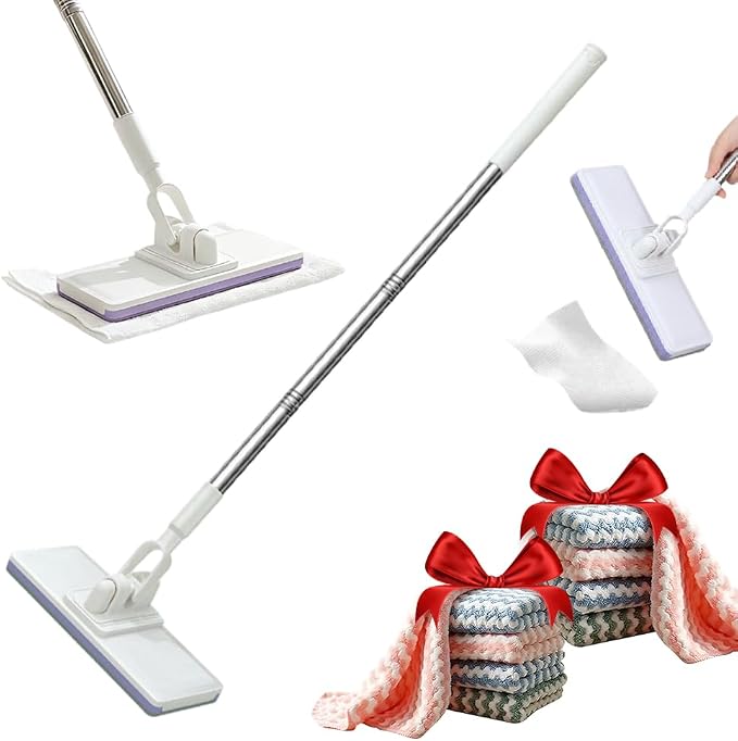 Disposable Dust Mop with 10 Reusable Cloths, 2026 New Convenient Cloth Changing Mini Mop 38" Long Handle Wet and Dry Flat Mopping, Sweeper Stick Lightweight Snap for Corners Multi Surface (10 Clothes)