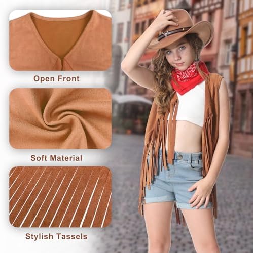Cowgirl Outfits for Girls Kids 6 Pcs Western Costume Accessories Cowboy Hat Fringe Vest Earring for Halloween Party