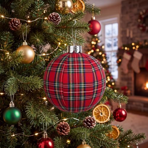 Jetec 6 Pcs 10 Inch Christmas Ball Ornaments Silver Cap, Red Tartan Plaid