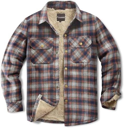 Men's Sherpa Cotton Flannel Shirt Jacket Plaid Button Coat Pocket