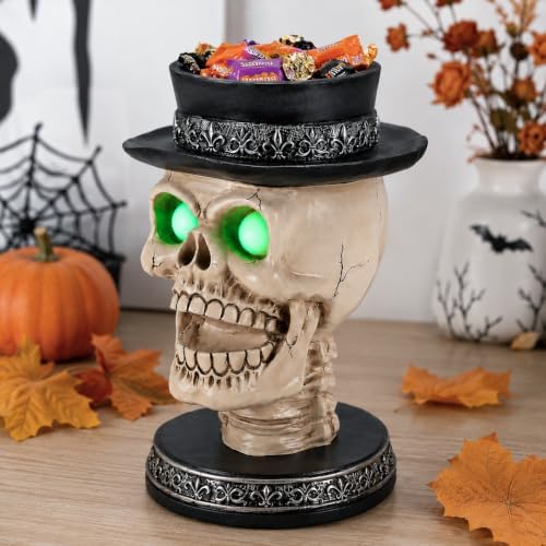 Halloween Candle Holder with Glowing Green Eyes - Gothic Skeleton Statue