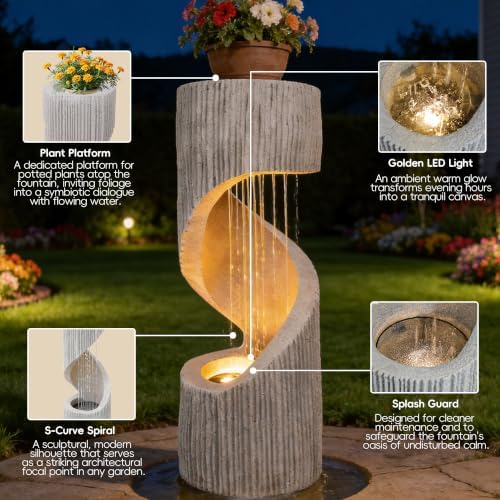 Modern S-Shaped Outdoor Fountain with LED Light, 40 inch Tall Spiral Column Waterfall Feature with Flat Top for Plant Display, Decorative Water Fountain for Garden, Patio