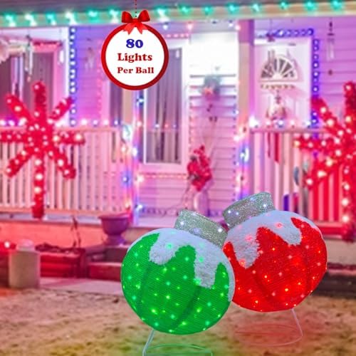 Outdoor Christmas Balls Lighted, 2pcs Pop-Up Christmas Ornaments Outdoor Decorations Prelit 160 Lights with 8 Flashing Effects, Collapsible Light Up Hanging Lantern Ball for Home Yard Decor-Red/Green