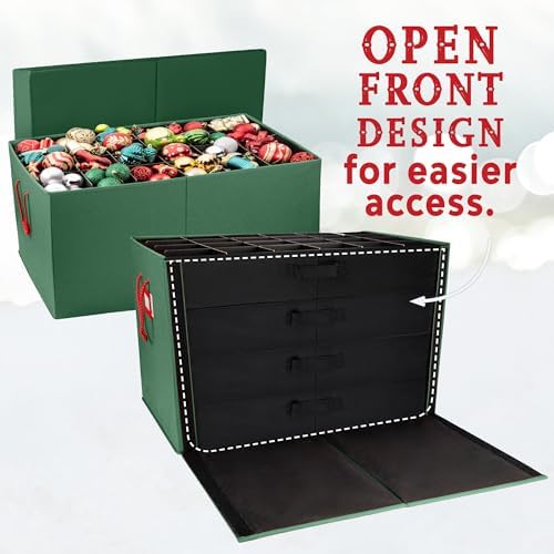 HOLDN’ STORAGE Christmas Ornament Storage Box with Dividers, Stores Ornaments up to 96 of 3 Inch Large Christmas Ball Storage Containers with 4 Trays - Green
