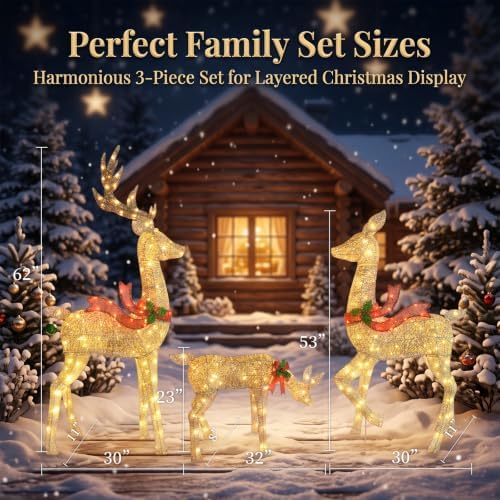 5.2FT Animatronic Christmas Reindeer Family Set - 3Pcs Large Lighted Christmas Deer with 300 LEDs & 3 Motors, Moving Heads and Stakes for Christmas Decorations Outdoor Yard - Gold