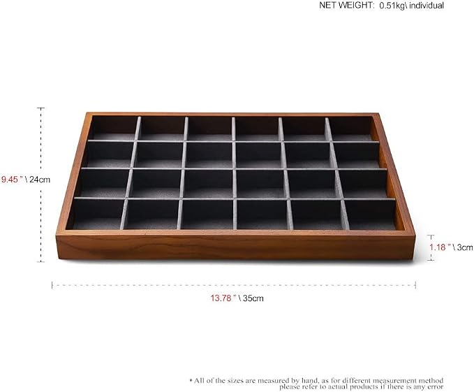Oirlv 24 Grid Wood Jewelry Tray Microfiber Interior Jewelry Drawer Organizer Showcase Display Box Ring Earrings Holder(Grey)