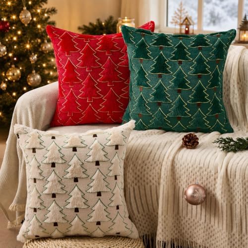 Allorry Christmas Pillow Covers 18x18 inch Set of 2 Christmas Decorations Soft Plush Faux Fur Wool Beige Xmas Tree Throw Pillow Cases Winter Holiday Decor for Sofa Living Room PT-012C18