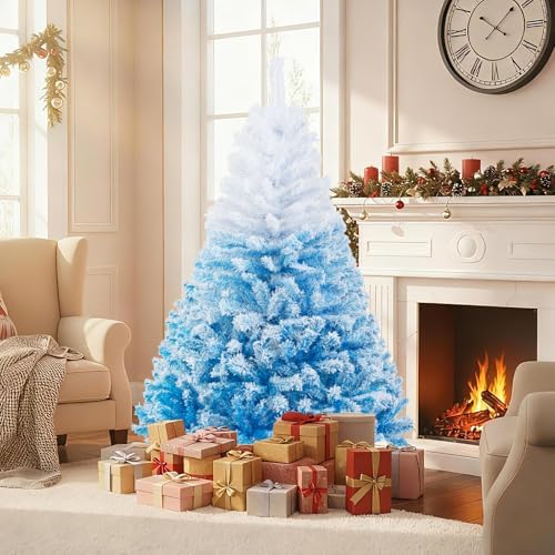 HAPPYGRILL 6 FT Flocked Christmas Tree Blue Hinged Xmas Tree with 820 Branch Tips & Folding Metal Stand, Artificial Christmas Tree for Home Office Carnival