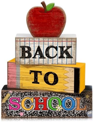 Lineshading 4 Pcs Back to School Table Decor Wooden Apple Blocks Sign