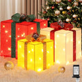 Brightever 3 Pieces Large Gift Boxes for Christmas Decorations Outdoor, 10" 8" 6" with Pre-lit 70 LED Mini String Lights, Plug-in Warm White Present Boxes with Glitter for Christmas Wedding Party