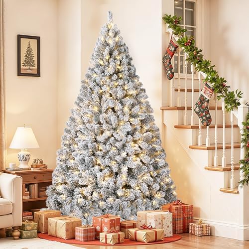 Garvee 7.5FT Snow Flocked Pre-Lit Christmas Tree with 450 Warm White Lights