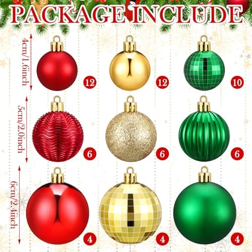 Lunmon 64 Pcs Christmas Ball Ornaments for Christmas Tree Glitter Red Gold Green Ball Ornament Hanging Christmas Decoration Assorted Size Christmas Ornament for Party Supplies, 1.6/1.97/2.4 Inch