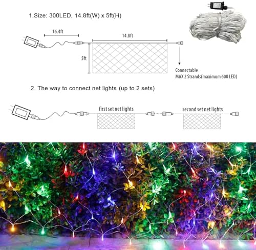 300 LED Net Lights for Bushes, 14.8ft x 5ft 8 Modes Christmas Outdoor Mesh Lights Connectable, Waterproof Decorative String Lights Plug in for Xmas Tree Garden Wedding Party (Clear Wire, Mulitcolor)
