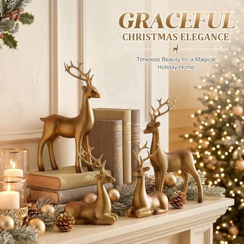 Thyle 4 Pcs Christmas Reindeer Decor Indoor Bronze Resin Deer Figurine