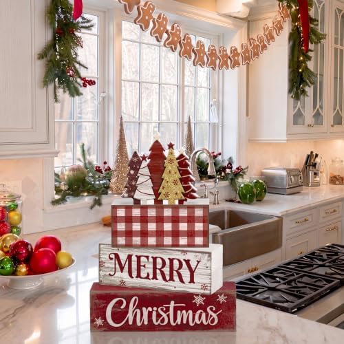 Moucuny 4 Pcs Christmas Table Decor Rustic Merry Wooden Christmas Tree Sign