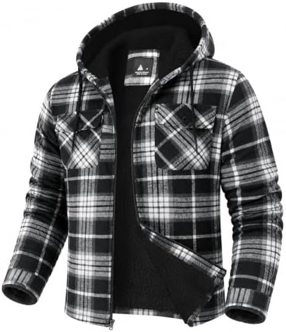 GEEK LIGHTING Men's Flannel Shirts Jacket Sherpa Lined Plaid Zipper Hoodie
