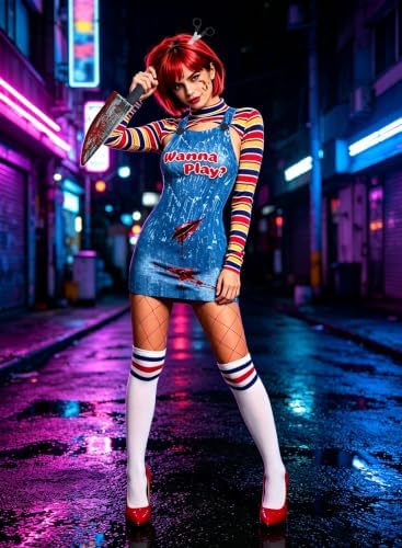 【6 Sizes】 Halloween Chucky Costume for Women Sexy Bolero Top Overall Bodysuit Wig Socks Scar Tattoos Prop Knife