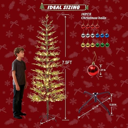 Lightshare 7.5FT 180L Warm White Evergreen Pine Needle Tree, Pencil Christmas Tree Lighted Pyramid Design with Ornaments, Remote Control & Dimmable, Artificial Christmas Holiday Decoration