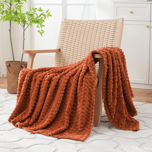 Puncuntex Burnt Orange Throw Blanket 90"×90" Fuzzy 3D Jacquard Decorative
