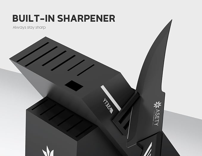ASETY Kitchen Knife Set, 15 PCS Knife Block Set, Dishwasher Safe, White | Razor Sharp Knives, Wood Knife Block with Built-In Sharpener, Stainless Steel, Ergonomic Handle, Elegant Box for Men Women