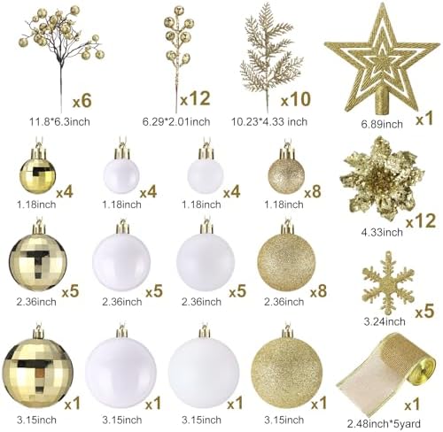 Sratte 94 Pcs Christmas Tree Ornaments Decoration Set, White, Gold