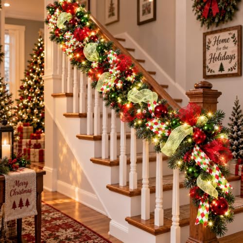 Riceshoot 6 ft Red Green Christmas Artificial Garland with LED Lights