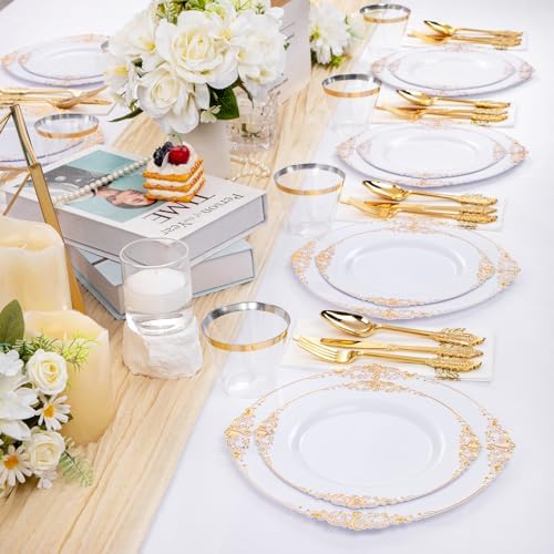 Hioasis 175 Pcs White Gold Plates for Wedding