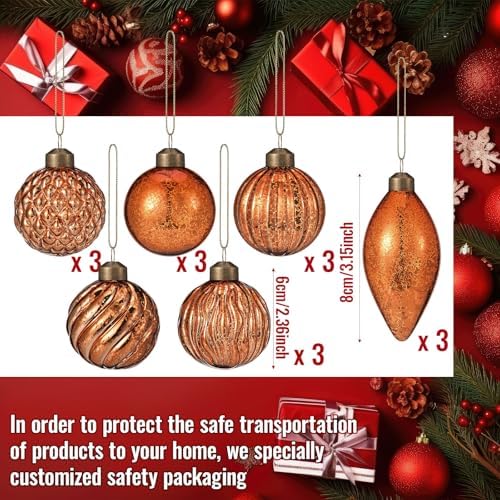 Syhood 18 Pcs Gold Copper Christmas Mercury Glass Balls Ornaments, 6 Styles