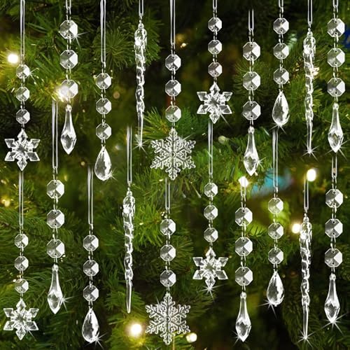 Crystal Christmas Tree Ornaments, Clear Acrylic Snowflake & Icicle, 80pcs