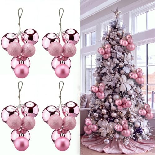 Roowest 4 Sets Large Pink Glitter Christmas Ball Clusters Ornaments Decor