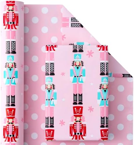 WRAPAHOLIC Reversible Christmas Wrapping Paper - Mini Roll - 17 Inch x 33 Feet - Pink Nutcracker Wrapping Paper and Polke Dot Design for Christmas, Holiday, Party Celebration