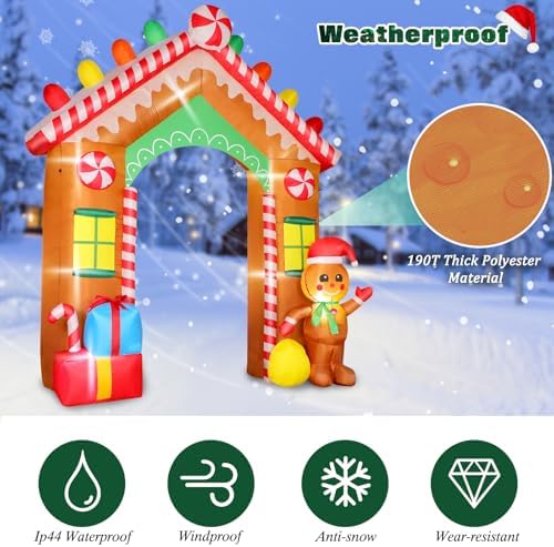 FunFanso 9 FT Christmas Inflatables Archway Outdoor Decorations, Gingerbread Man House Arch Blow Up Yard Decoration with Colorful Gift Boxes, Built-in LED Lights for Garden Porch Xmas Party Decor