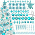 CroBlissful 118 Pcs Teal Blue Christmas Tree Decoration Set Including Ornaments Ball, Mesh Ribbon, Snowflakes Icicle, Tree Top Star, Deer, Flower, Berries Stem Teal Christmas Decoration for Xmas Trees