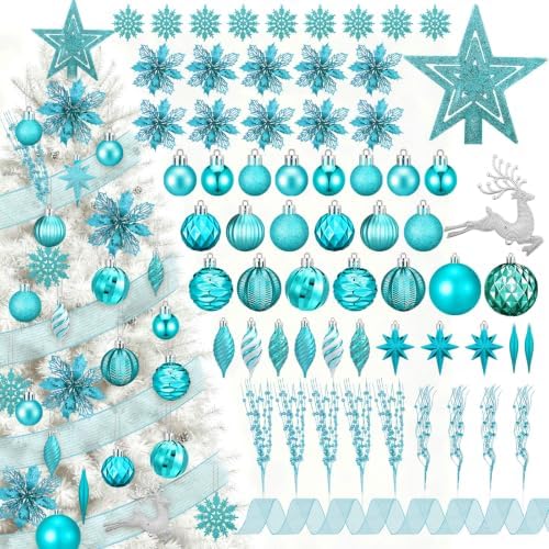 CroBlissful 118 Pcs Teal Blue Christmas Tree Decoration Set Including Ornaments Ball, Mesh Ribbon, Snowflakes Icicle, Tree Top Star, Deer, Flower, Berries Stem Teal Christmas Decoration for Xmas Trees