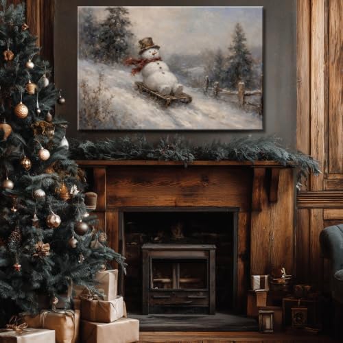 Christmas Winter Snowman Wood Sled Sleigh Wall Art (Framed,20×30 inch)