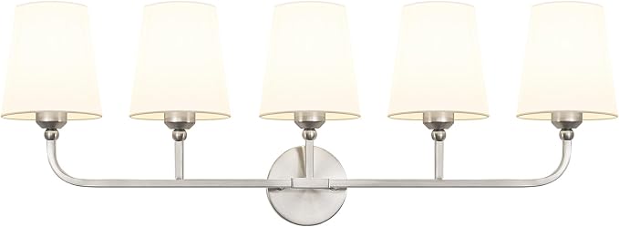 Bathroom Vanity Light, Brushed Nickel Bathroom Light Fixtures, 5-Light Lighting Fixtures Over Mirror, Modern Wall Sconce with Flared White Fabric Shade, E26 Socket(ETL Listed)