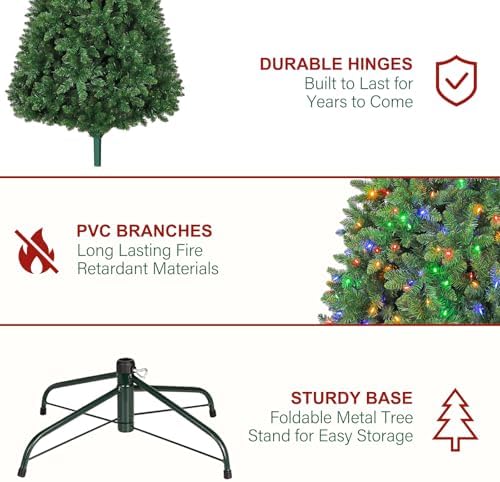 Hykolity 6ft Artificial Prelit Christmas Tree with 250 Multicolor LEDs, Flame-Retardant PVC Branches, 1,032 Tips, 10 Display Modes, Hinged Setup, Foot Pedal and Metal Stand